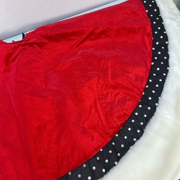 Christmas Tree Skirt Large 46" Red Velvet Black Polka Dot Bows Holiday Whimsical - Picture 8 of 12